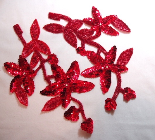 K8251  Red Mirror Pair Sequin Beaded Applique 10.5"