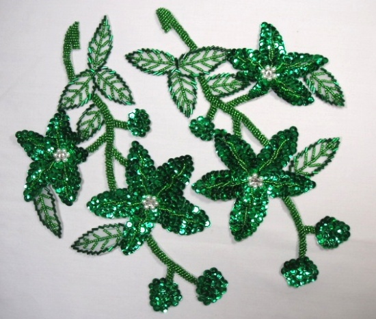 K8251  Green Mirror Pair Sequin Beaded Applique 10.5"