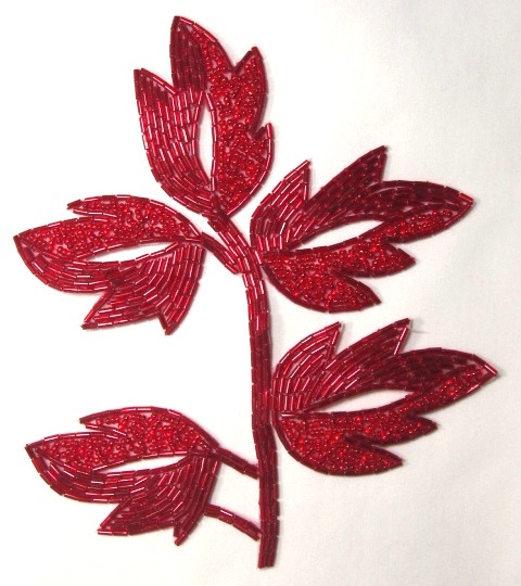 K8253  Red Leaf  Vine Beaded Applique 7"