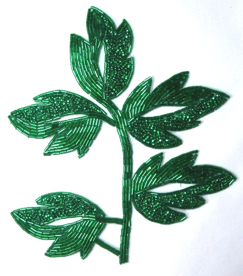 K8253  Green Leaf  Vine Beaded Applique 7"