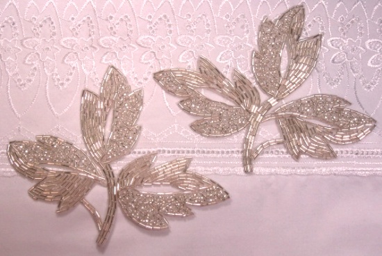 K8253"  Silver Beaded Leaf  Mirror Pair  Appliques 6"