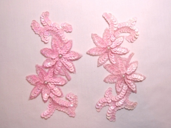 K8254 Pink Opaque Floral Mirror Pair Sequin Beaded Applique 6.25"