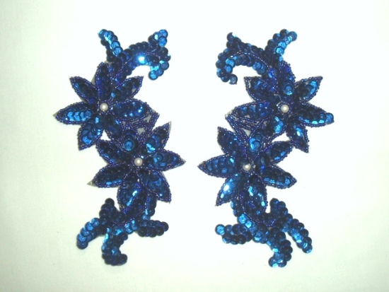 K8254 Royal Blue Floral Mirror Pair Sequin Beaded Applique 6.25"
