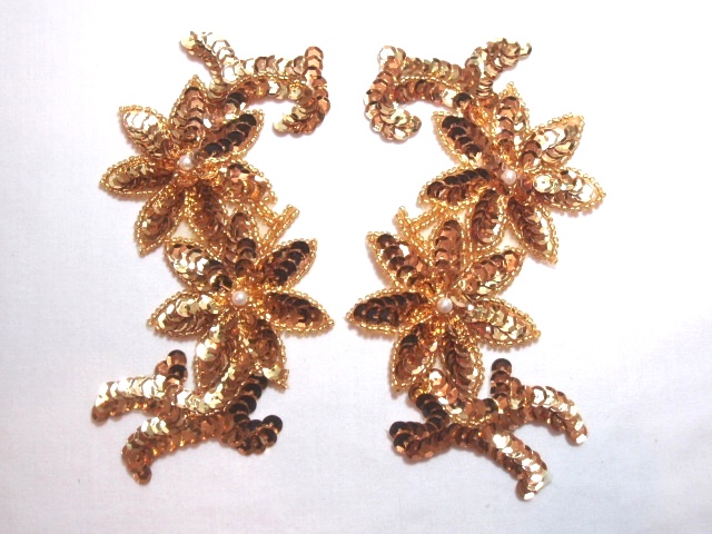 K8254 Gold Floral Mirror Pair Sequin Beaded Applique 6.25"