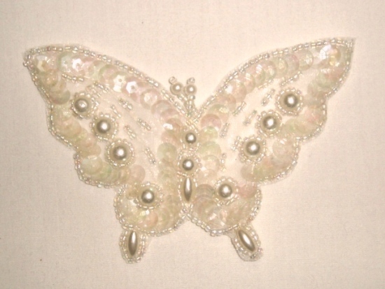 K8255A Crystal AB Pearl Butterfly Beaded Applique 3.75"
