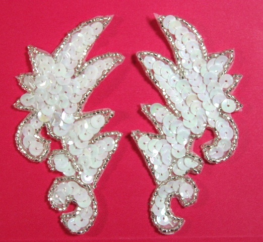 K8256   White AB Silver Mini Claw Pair Sequin Beaded Appliques 3.5"
