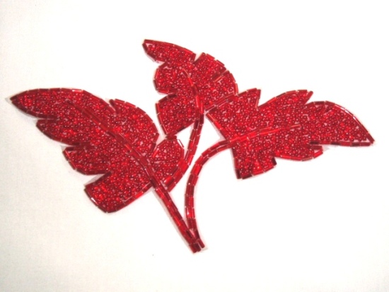 K8259  Red Leaf Cluster Beaded Applique 6.5"