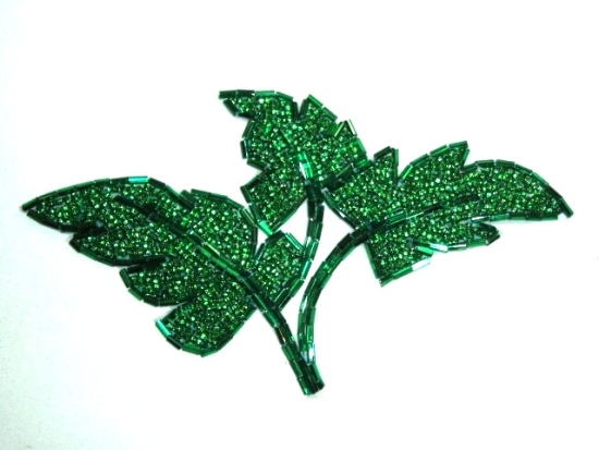 K8259  Green Leaf Cluster Beaded Applique 6.5"