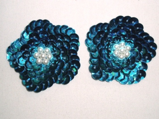 K8261  Set of (2) Turquoise Flower Pair Sequin Beaded Appliques 1.75"