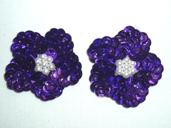 K8261 Set of (2)  Purple Flower Pairl Sequin Beaded Appliques 1.75"