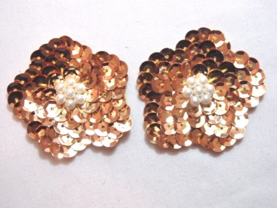 K8261  Set of (2) Gold Flower Pair Sequin Beaded Appliques 1.75"
