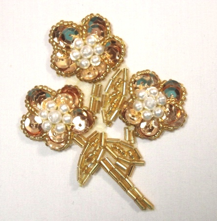 K8262  Gold Flower Pearl Cluster Sequin Beaded Applique 3.5"