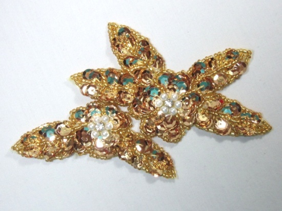 K8266  Gold Floral Sequin Beaded Applique 5"