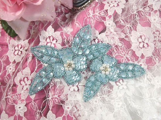 K8266  Blue Opaque AB Floral Sequin Beaded Applique 5"