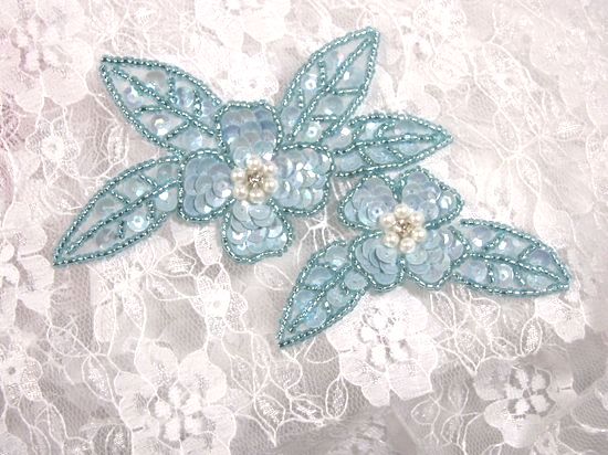 K8266  Blue Opaque AB Floral Sequin Beaded Applique 5"