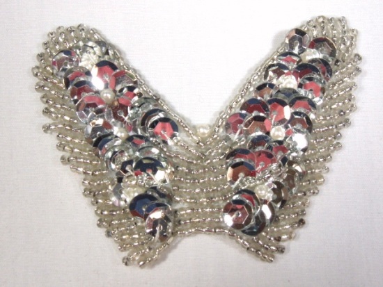 K8268 Silver Butterfly Beaded Sequin Applique 2.25"