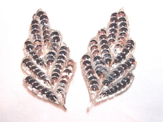 K8269  Silver Leaf Pair Sequin Beaded Appliques  3.25"