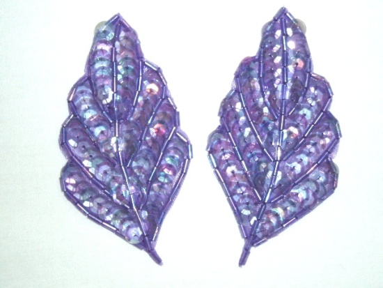 K8269  Purple Crystal AB Leaf Pair Sequin Beaded Appliques  3.25"