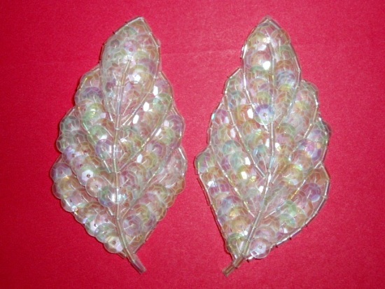 K8269 Crystal AB Leaf Pair Sequin Beaded Appliques  3.25"