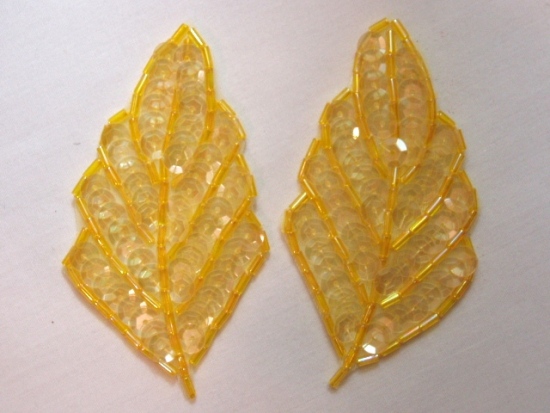 K8269  Yellow Crystal AB Leaf Pair Sequin Beaded Appliques  3.25"
