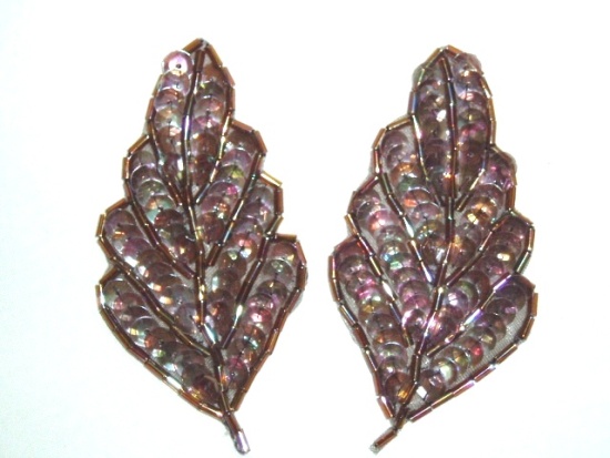 K8269  Bronze AB Leaf Pair Sequin Beaded Appliques  3.25"