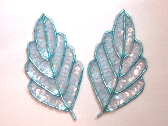 K8269 Lt. Blue Crystal AB Leaf Pair Sequin Beaded Appliques  3.25"