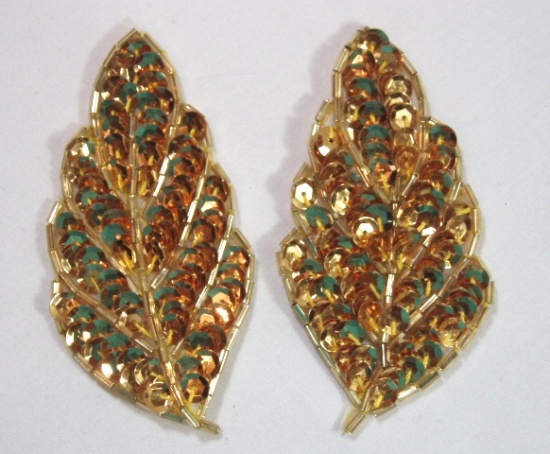 K8269  Gold Leaf Pair Sequin Beaded Appliques  3.25"
