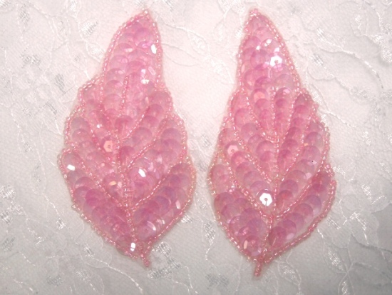 K8269  Pink Crystal AB Leaf Pair Sequin Beaded Appliques  3.25"