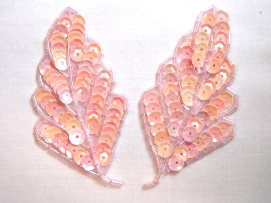 K8269  Pink Opaque Leaf Pair Sequin Beaded Appliques  3.25"