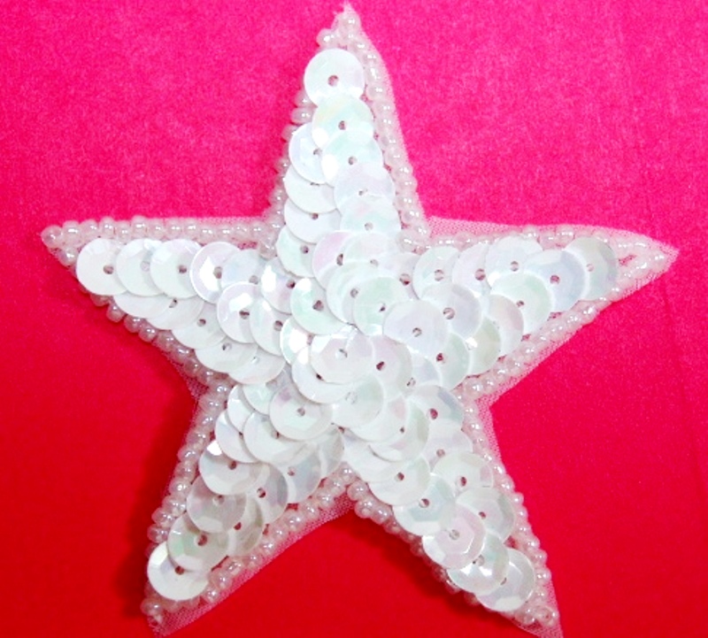 K8272  White AB Star Sequin Beaded Applique 2.5"