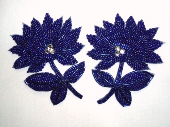 K8273  Royal Blue Floral Mirror Pair Beaded Appliques 3.5"