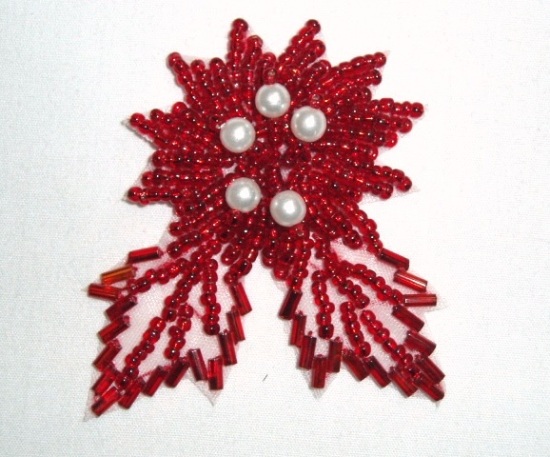 K8281 Red Beaded Floral Leaf Applique 2.25"