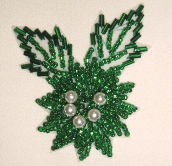 K8281  Green Beaded Floral Leaf Applique 2.25"