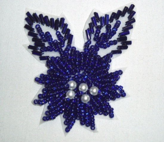 K8281 Blue Beaded Floral Leaf Applique 2.25"