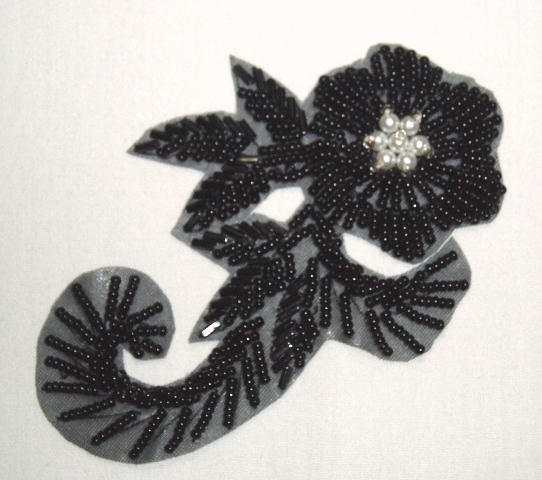 K8282  Black Curl Floral Pearl 4.25" Sequin Beaded Applique