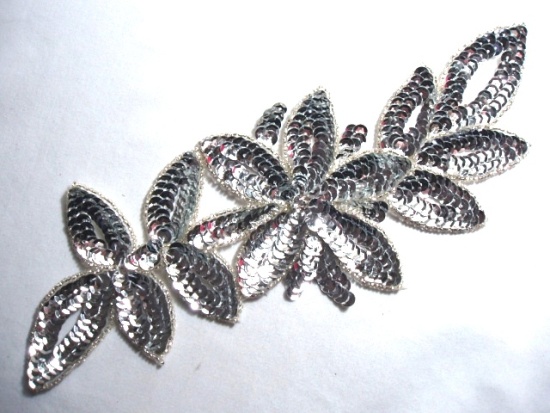 K8383  Silver Rhinestone Floral Vine Sequin Beaded Applique  11"