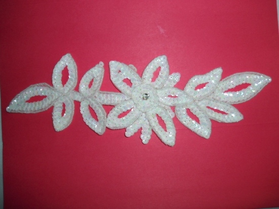 K8383  White AB Rhinestone Floral Vine Sequin Beaded Applique  11"