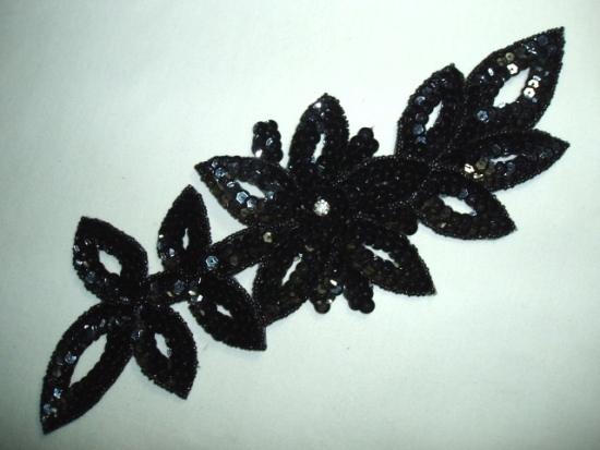 K8383  Black Rhinestone Floral Vine Sequin Beaded Applique  11"