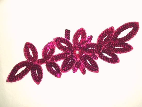 K8383  Fuchsia Rhinestone Floral Vine Sequin Beaded Applique  11"