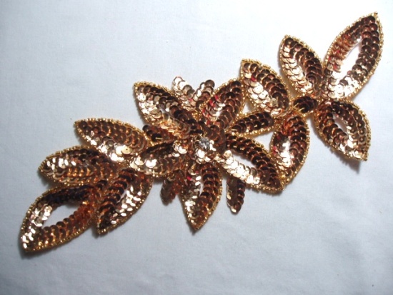 K8383  Gold Rhinestone Floral Vine Sequin Beaded Applique  11"