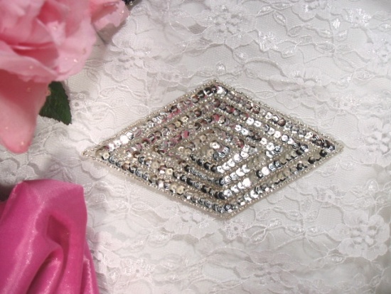 K8385  Silver  Diamond  Beaded Sequin Applique 5.5"
