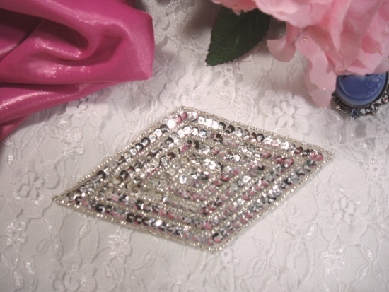 K8385  Silver  Diamond  Beaded Sequin Applique 5.5"