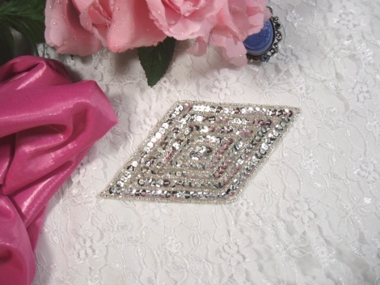 K8385  Silver  Diamond  Beaded Sequin Applique 5.5"