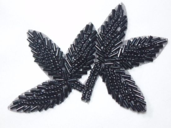 K8386   Gunmetal Leaf Beaded Applique 3.25"