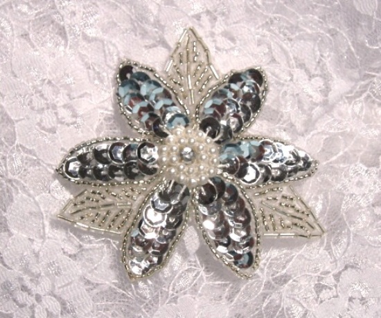 K8390  Silver Floral Beaded Sequin Applique 3.25"