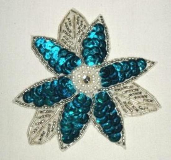 K8390  Turquoise Floral Beaded Sequin Applique 3.25"