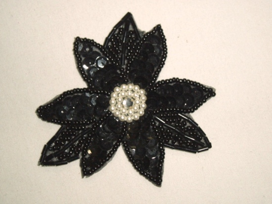 K8390  Black Floral Beaded Sequin Applique 3.25"