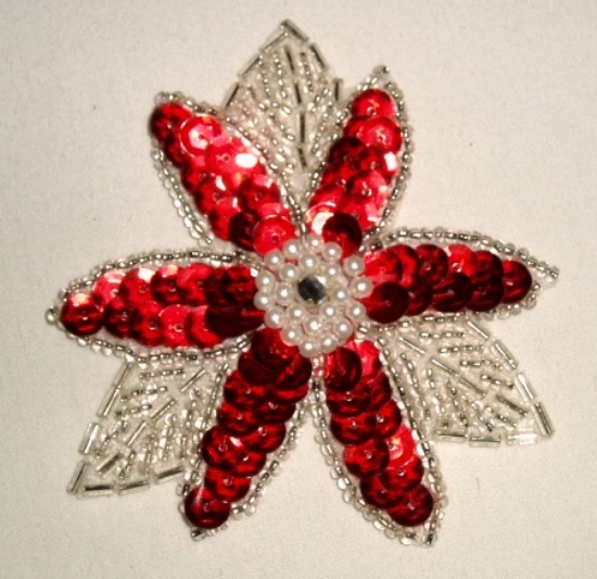 K8390  Red Floral Beaded Sequin Applique 3.25"