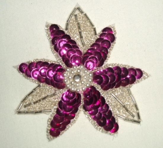 K8390  Fuchsia Floral Beaded Sequin Applique 3.25"