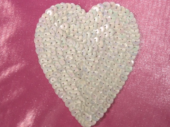 K8395   White AB Heart  Sequin Applique 3.5"